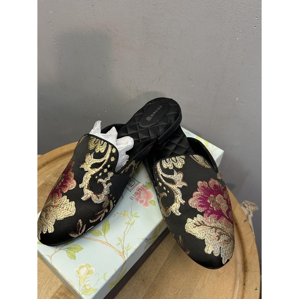 Birdies Slipper Womens 11 Black Floral The Phoebe Jacquard Quilted Flat Mule
